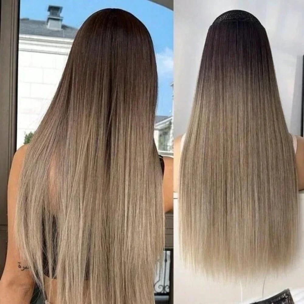 fish line bandHuman hair blend Dirty Blonde Ombre Straight hair Clip in Extensio